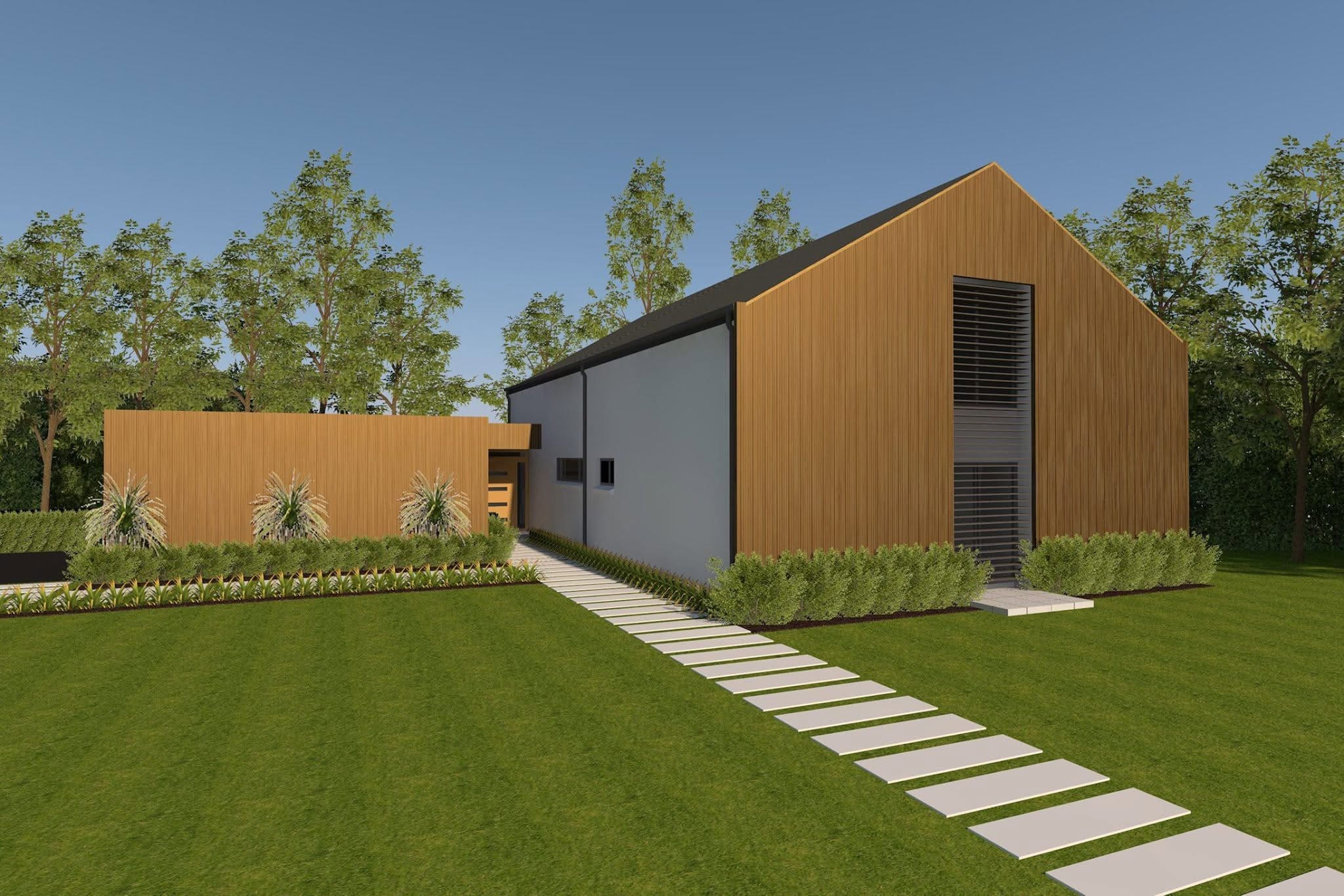 Render of a single-storey granny flat design with timber cladding and a steep gable roof, by Macarthur Drafting Services