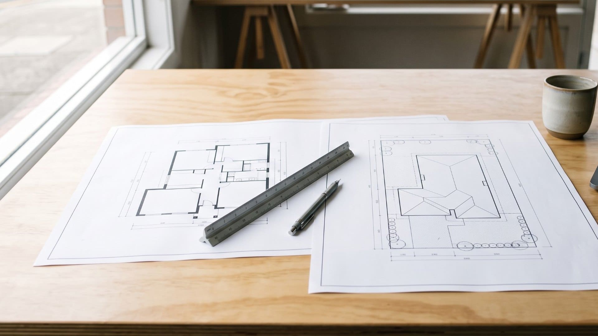 House floor plans and site plan prepared for a CDC or DA application CDC vs DA: printed house floor plans and a site plan on a designer's desk with a scale ruler and pencil