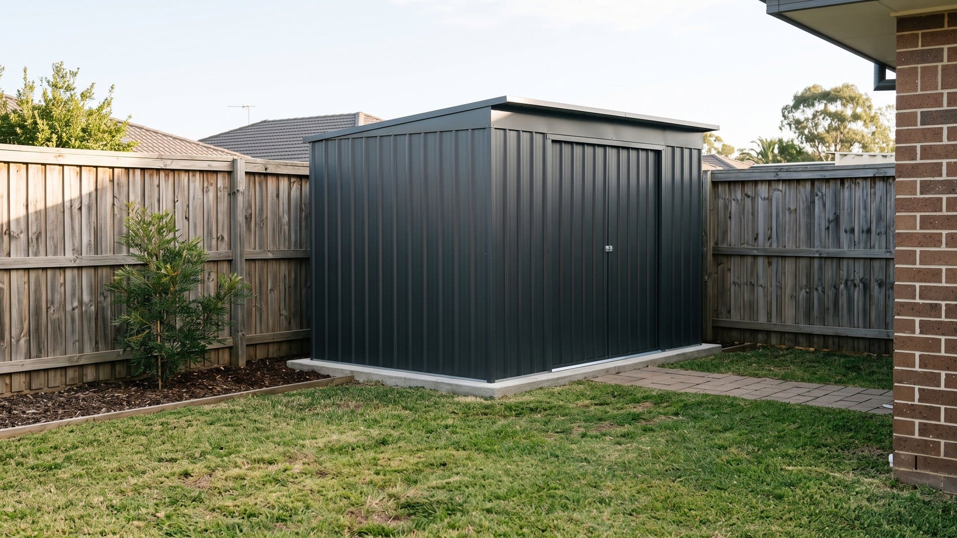 Steel garden shed in a suburban backyard, set back from the fence Council approval for a shed: dark grey steel garden shed set back from the side fence in a suburban backyard